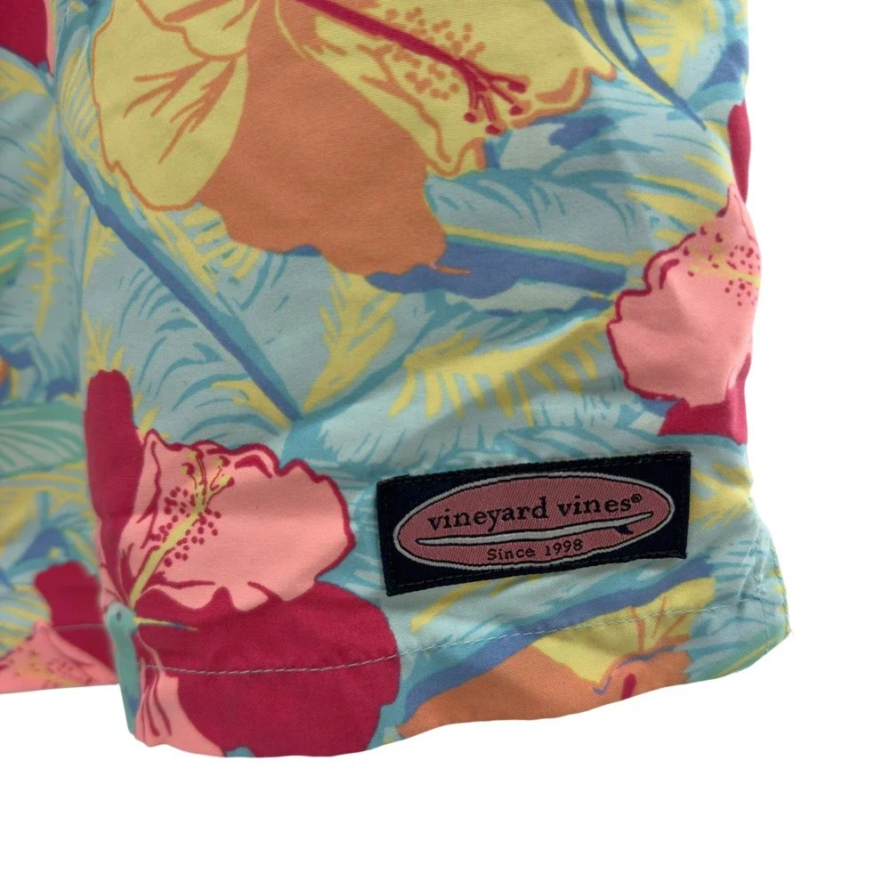 Vineyard Vines Mens Chappy Swim Trunks Hibiscus Hummingbird Pink Blue Medium